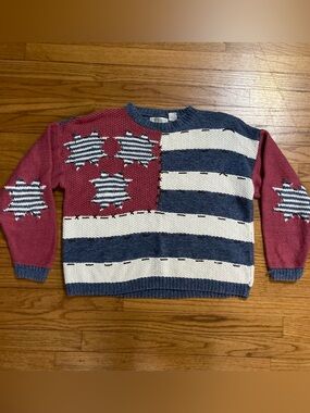 Vintage Heirlooms Hand Knit American Flag Crochet Knit Sweater Large
